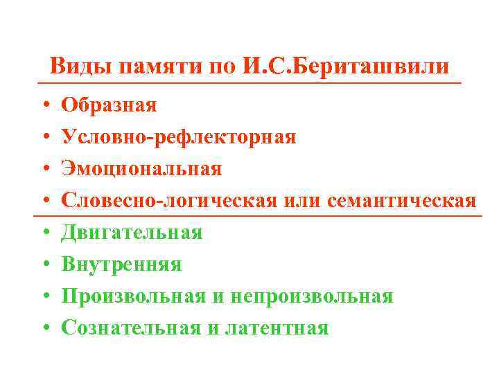 Виды памяти по И. С. Бериташвили • • Образная Условно-рефлекторная Эмоциональная Словесно-логическая или семантическая