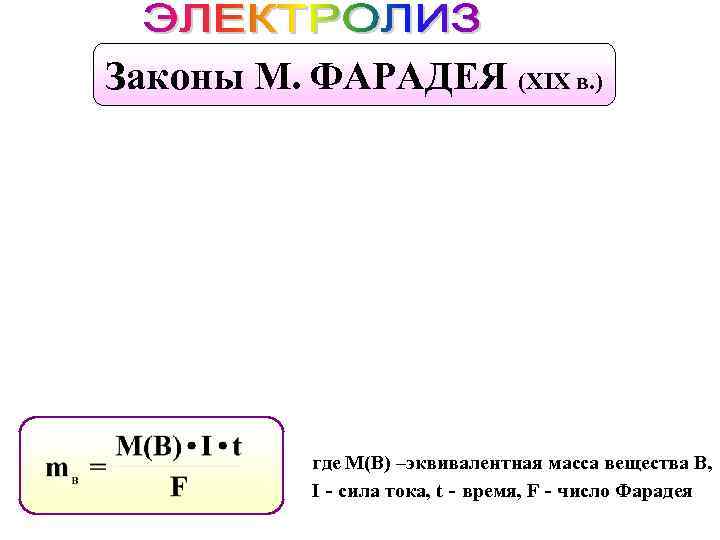 Законы М. ФАРАДЕЯ (XIX в. ) где М(В) –эквивалентная масса вещества В, I -