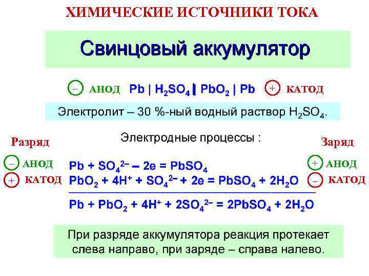 ХИМИЧЕСКИЕ ИСТОЧНИКИ ТОКА – АНОД + КАТОД Разряд Заряд – АНОД + КАТОД –