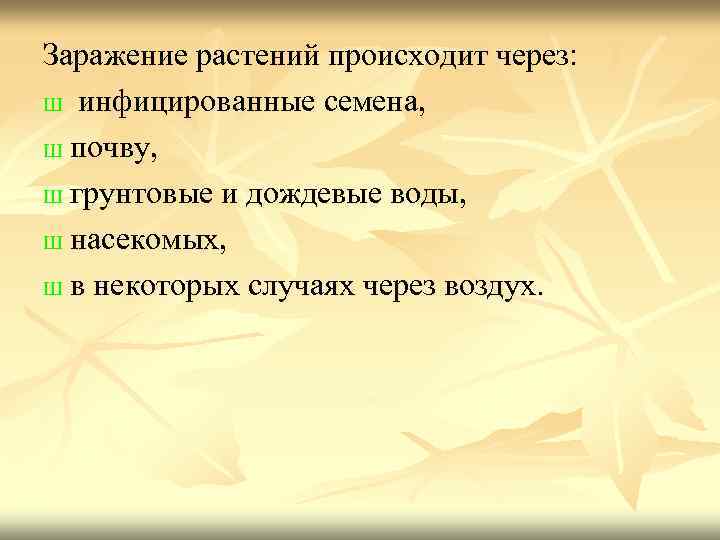 Заражение растений происходит через: Ш инфицированные семена, Ш почву, Ш грунтовые и дождевые воды,