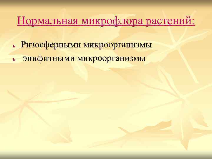 Нормальная микрофлора растений: ь ь Ризосферными микроорганизмы эпифитными микроорганизмы 