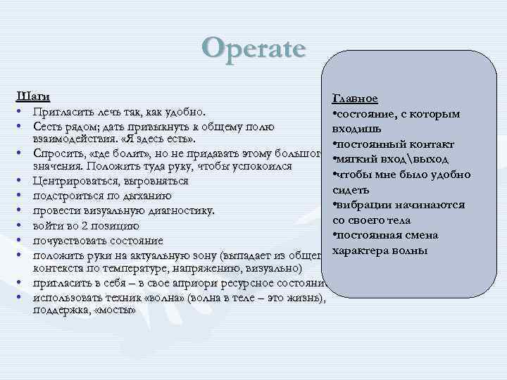 Operate Шаги Главное • Пригласить лечь так, как удобно. • состояние, с которым •