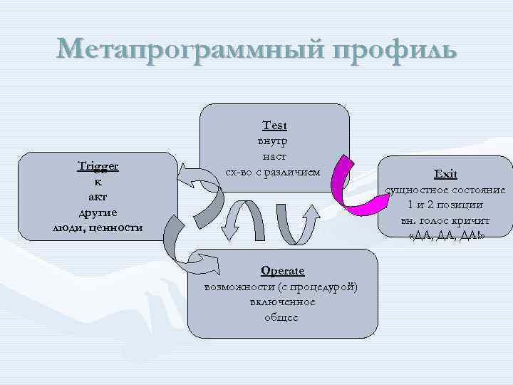 Метапрограммный профиль Trigger к акт другие люди, ценности Test внутр наст сх-во с различием