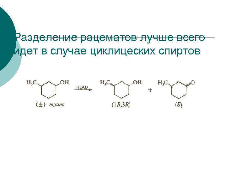 Разделение рацематов лучше всего идет в случае циклицеских спиртов 