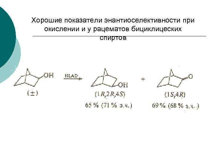 Хорошие показатели энантиоселективности при окислении и у рацематов бициклицеских спиртов 