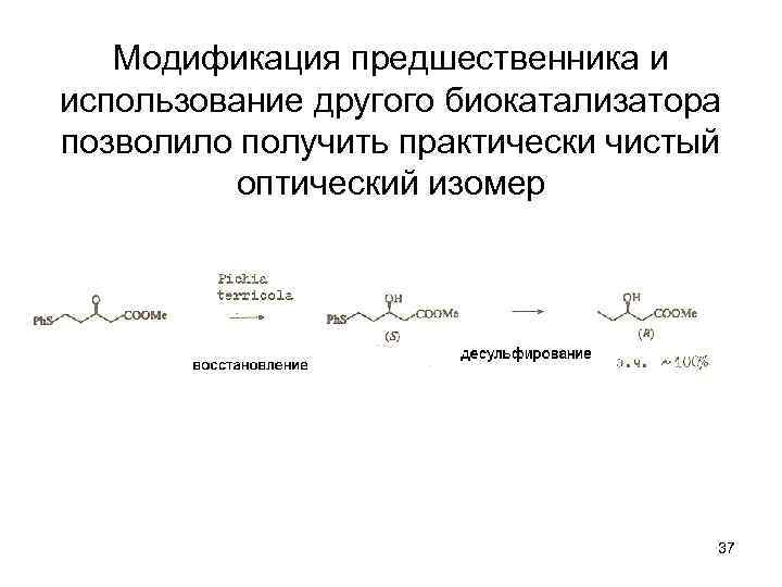 Модификация предшественника и использование другого биокатализатора позволило получить практически чистый оптический изомер 37 