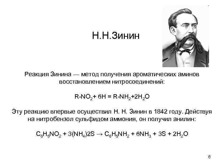 Н. Н. Зинин Реакция Зинина — метод получения ароматических аминов восстановлением нитросоединений: R-NO 2+