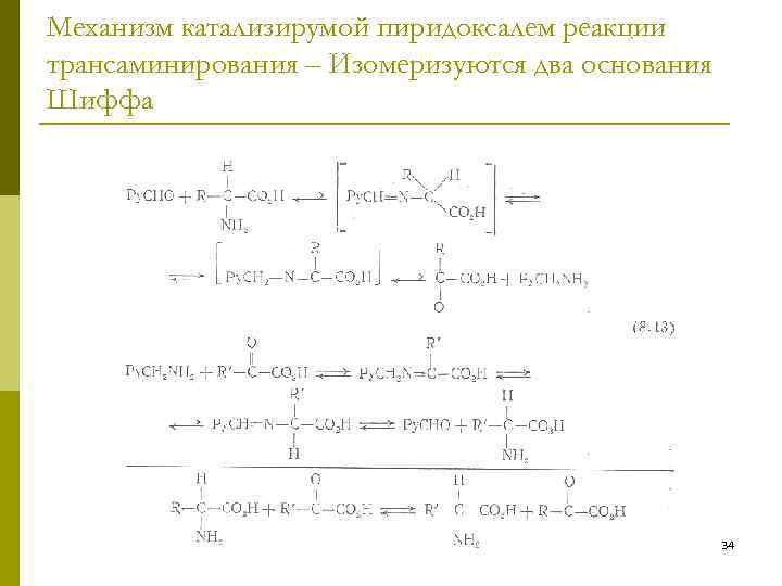 Механизм катализирумой пиридоксалем реакции трансаминирования – Изомеризуются два основания Шиффа 34 