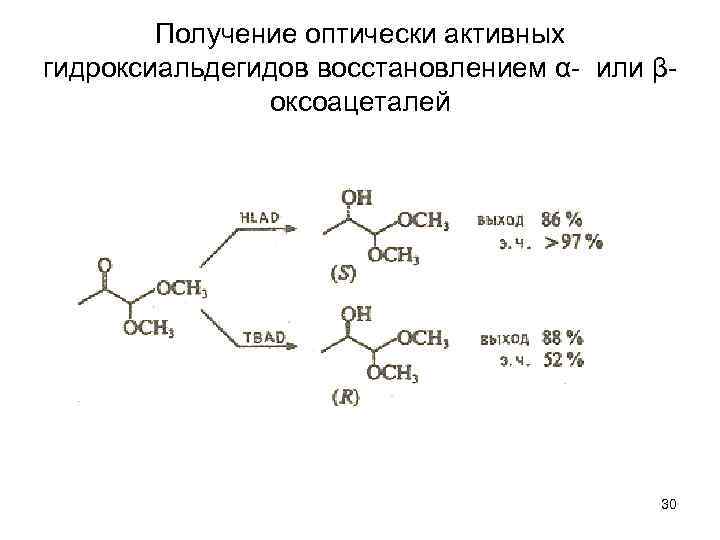 Получение оптически активных гидроксиальдегидов восстановлением α- или βоксоацеталей 30 