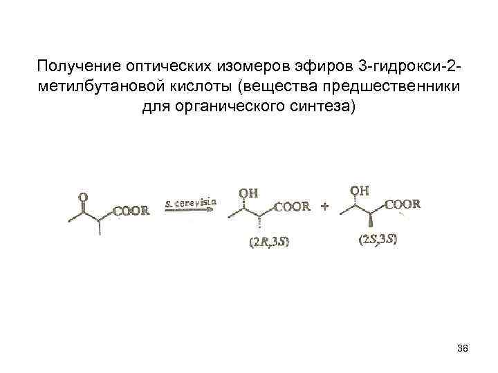 Получение оптических изомеров эфиров 3 -гидрокси-2 метилбутановой кислоты (вещества предшественники для органического синтеза) 38