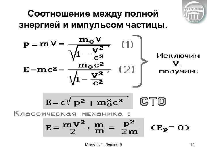 Соотношение между полной энергией и импульсом частицы. Модуль 1 Лекция 6 10 