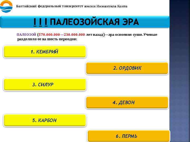 I I I ПАЛЕОЗОЙСКАЯ ЭРА ПАЛЕОЗОЙ (570. 000— 230. 000 лет назад)—эра освоения суши.