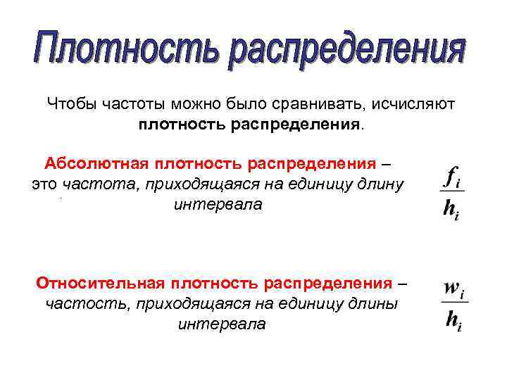Чтобы частоты можно было сравнивать, исчисляют плотность распределения. Абсолютная плотность распределения – это частота,