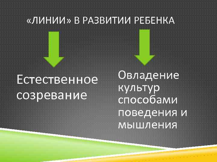 «ЛИНИИ» В РАЗВИТИИ РЕБЕНКА Естественное созревание Овладение культур способами поведения и мышления 