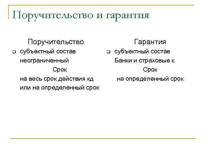 Поручительство и гарантия Поручительство q субъектный состав неограниченный Срок на весь срок действия кд