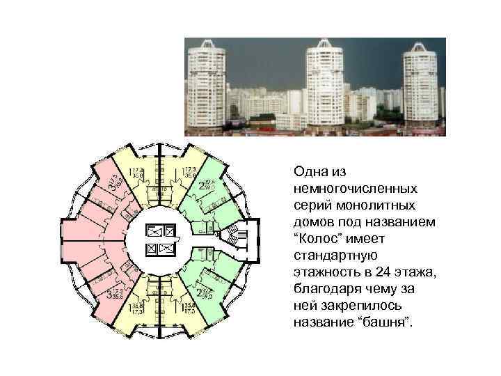 Одна из немногочисленных серий монолитных домов под названием “Колос” имеет стандартную этажность в 24