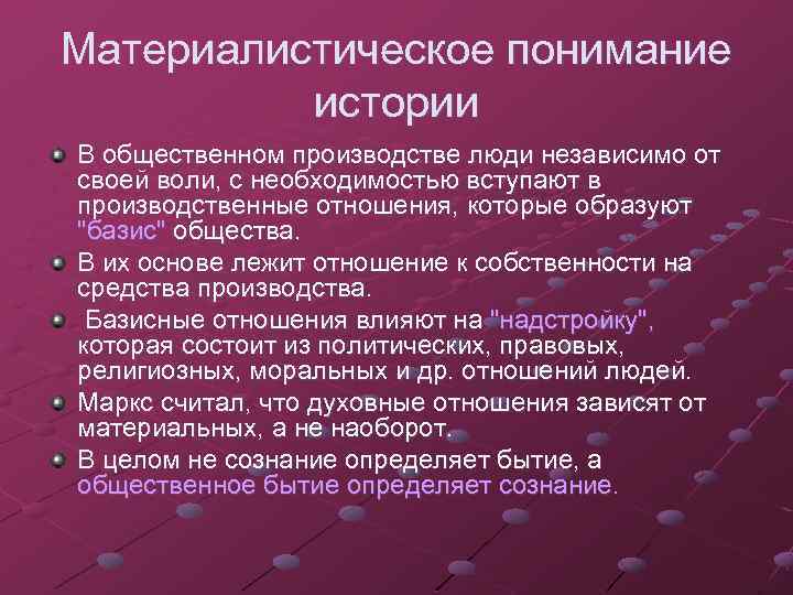 Материалистическое понимание истории В общественном производстве люди независимо от своей воли, с необходимостью вступают