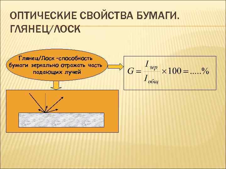 ОПТИЧЕСКИЕ СВОЙСТВА БУМАГИ. ГЛЯНЕЦ/ЛОСК Глянец/Лоск –способность бумаги зеркально отражать часть падающих лучей 