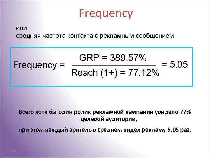 Frequency или средняя частота контакта с рекламным сообщением Frequency = GRP = 389. 57%