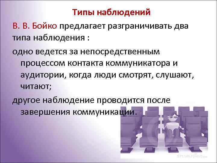 Типы наблюдений В. В. Бойко предлагает разграничивать два типа наблюдения : одно ведется за