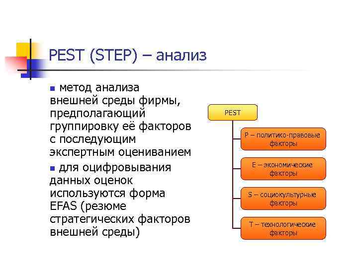 PEST (STEP) – анализ метод анализа внешней среды фирмы, предполагающий группировку её факторов с