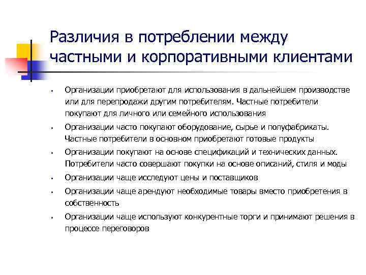 Различия в потреблении между частными и корпоративными клиентами • • • Организации приобретают для