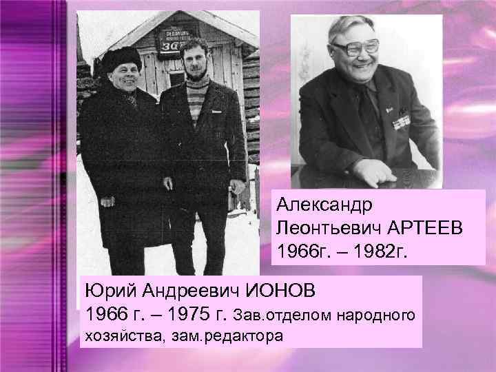 Александр Леонтьевич АРТЕЕВ 1966 г. – 1982 г. Юрий Андреевич ИОНОВ 1966 г. –