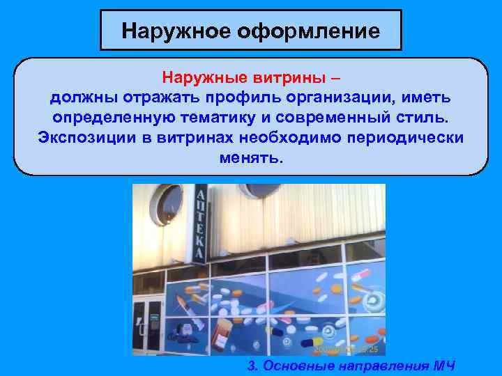 Наружное оформление Наружные витрины – должны отражать профиль организации, иметь определенную тематику и современный