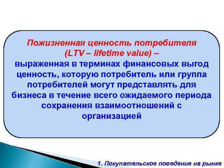 Пожизненная ценность потребителя (LTV – lifetime value) – выраженная в терминах финансовых выгод ценность,