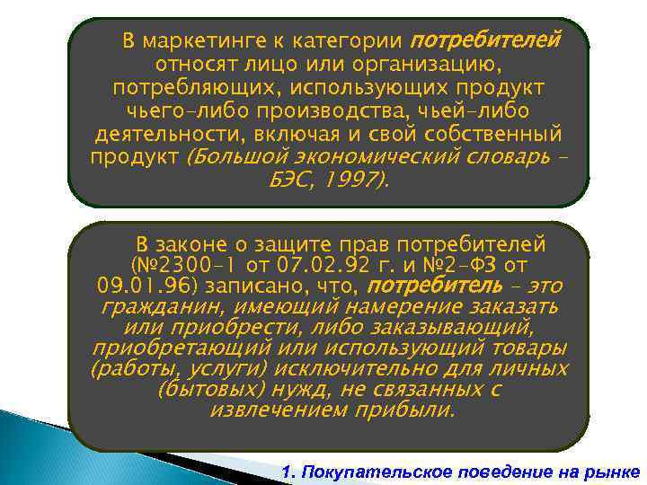 В маркетинге к категории потребителей относят лицо или организацию, потребляющих, использующих продукт чьего-либо производства,