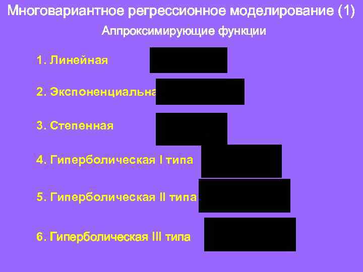 Многовариантное регрессионное моделирование (1) Аппроксимирующие функции 1. Линейная 2. Экспоненциальная 3. Степенная 4. Гиперболическая