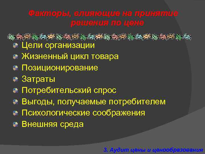 Факторы, влияющие на принятие решения по цене Цели организации Жизненный цикл товара Позиционирование Затраты