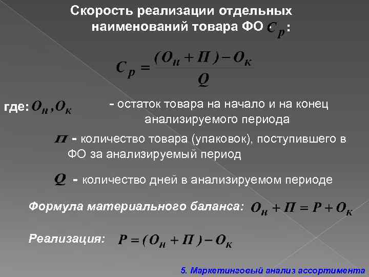 Скорость реализации отдельных наименований товара ФО - : - остаток товара на начало и