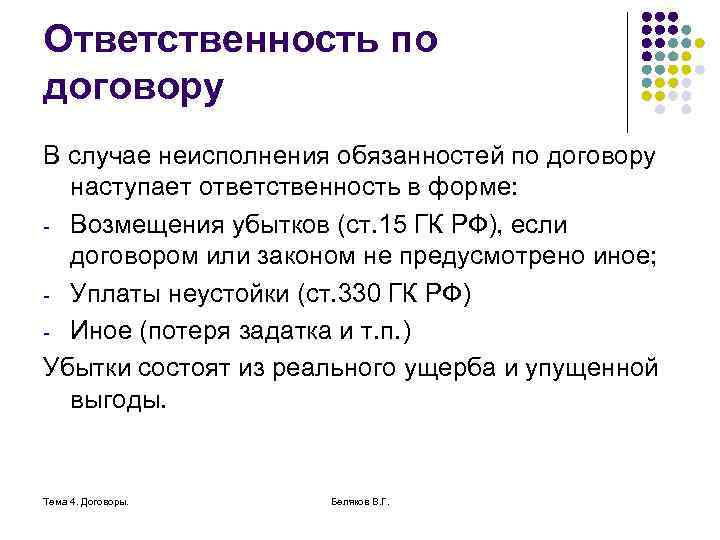 Ответственность по договору В случае неисполнения обязанностей по договору наступает ответственность в форме: -