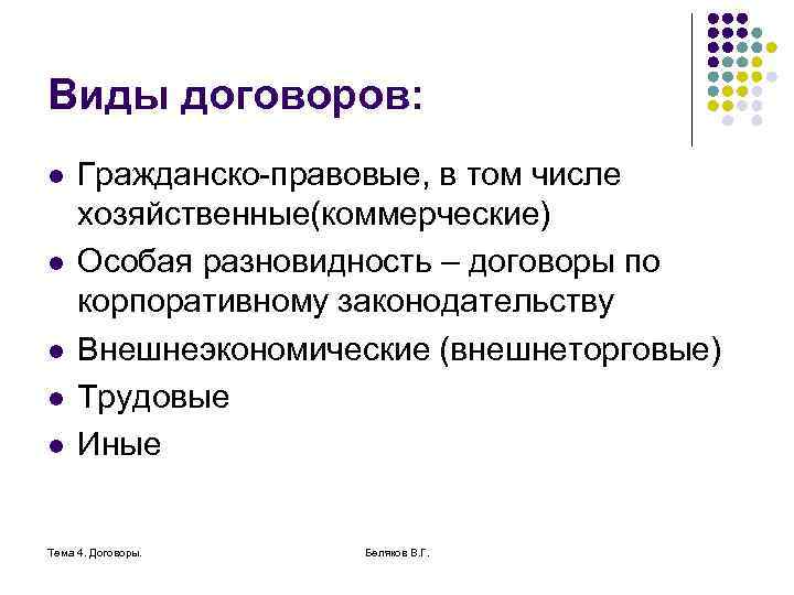 Виды договоров: l l l Гражданско-правовые, в том числе хозяйственные(коммерческие) Особая разновидность – договоры