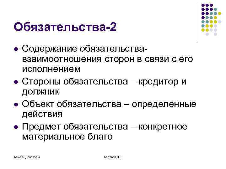 Обязательства-2 l l Содержание обязательствавзаимоотношения сторон в связи с его исполнением Стороны обязательства –