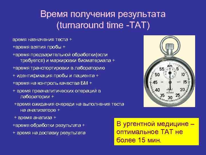Время получения результата (turnaround time -TAT) время назначения теста + +время взятия пробы +