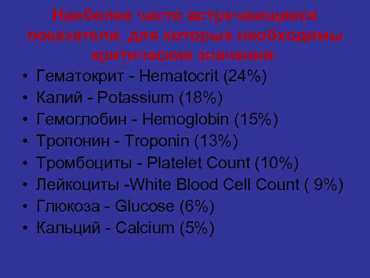 Наиболее часто встречающиеся показатели, для которых необходимы критические значения: • Гематокрит - Hematocrit (24%)