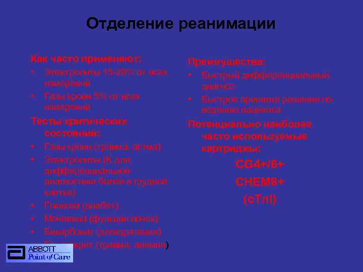 Отделение реанимации Как часто применяют: • • Электролиты 15 -20% от всех измерений Газы