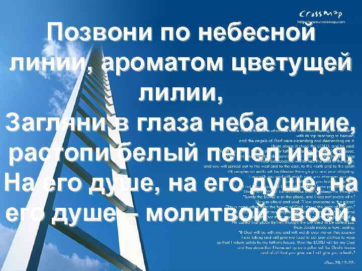 Позвони по небесной линии, ароматом цветущей лилии, Загляни в глаза неба синие, растопи белый