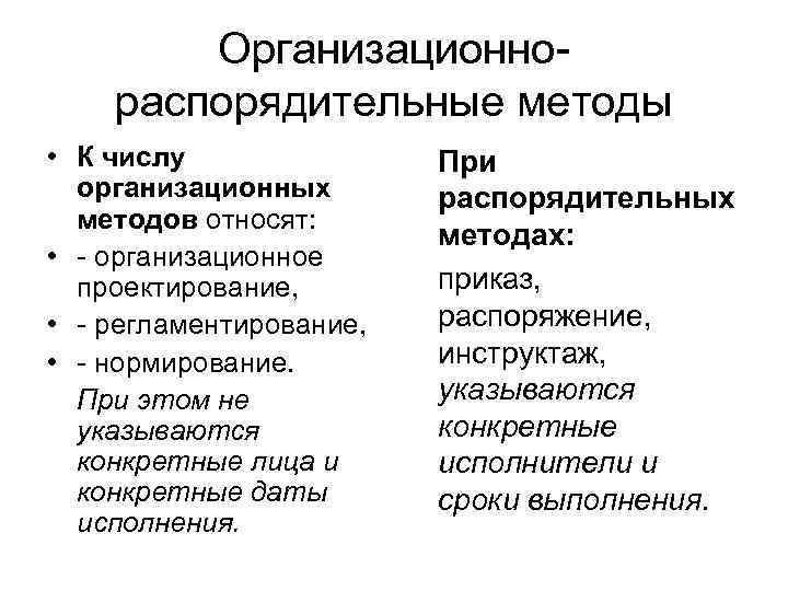 Организационные методы. К числу организационных методов в менеджменте относят. К организационным методам относятся:. К группе организационных методов относят:. Организациоонораспорядительная функция.