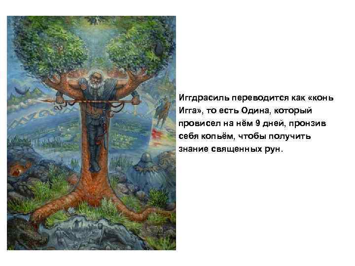Иггдрасиль переводится как «конь Игга» , то есть Одина, который провисел на нём 9
