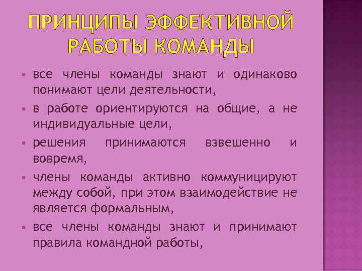 ПРИНЦИПЫ ЭФФЕКТИВНОЙ РАБОТЫ КОМАНДЫ § § § все члены команды знают и одинаково понимают