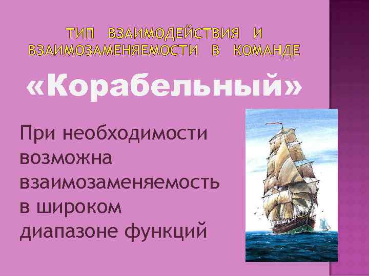 ТИП ВЗАИМОДЕЙСТВИЯ И ВЗАИМОЗАМЕНЯЕМОСТИ В КОМАНДЕ «Корабельный» При необходимости возможна взаимозаменяемость в широком диапазоне