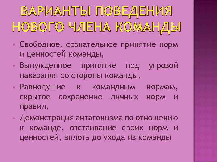 ВАРИАНТЫ ПОВЕДЕНИЯ НОВОГО ЧЛЕНА КОМАНДЫ • • Свободное, сознательное принятие норм и ценностей команды,