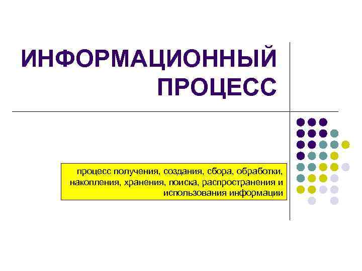 ИНФОРМАЦИОННЫЙ ПРОЦЕСС процесс получения, создания, сбора, обработки, накопления, хранения, поиска, распространения и использования информации