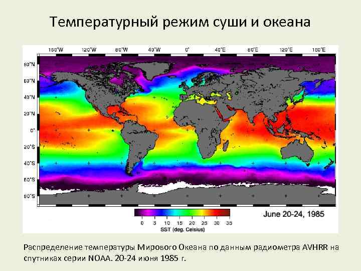 Температурный режим суши и океана Распределение температуры Мирового Океана по данным радиометра AVHRR на