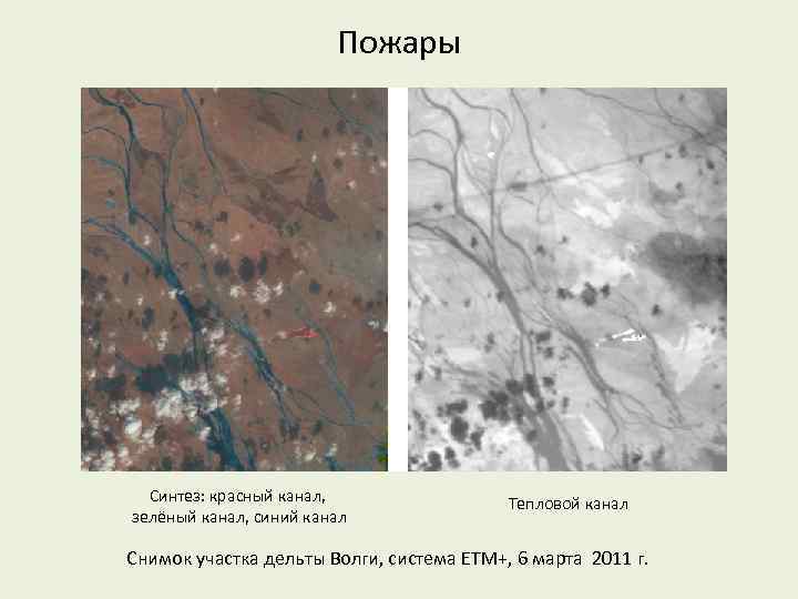 Пожары Синтез: красный канал, зелёный канал, синий канал Тепловой канал Снимок участка дельты Волги,