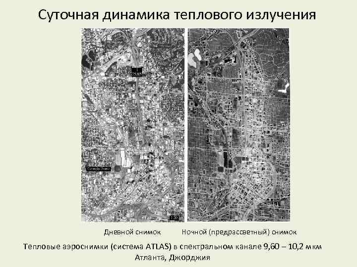 Суточная динамика теплового излучения Дневной снимок Ночной (предрассветный) снимок Тепловые аэроснимки (система ATLAS) в