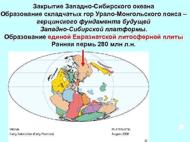 Закрытие Западно-Сибирского океана Образование складчатых гор Урало-Монгольского пояса – герцинского фундамента будущей Западно-Сибирской платформы.